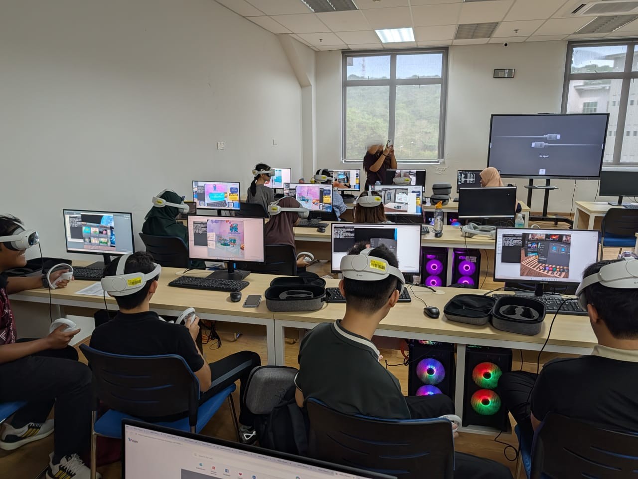 VR headsets prepared at individual classroom stations